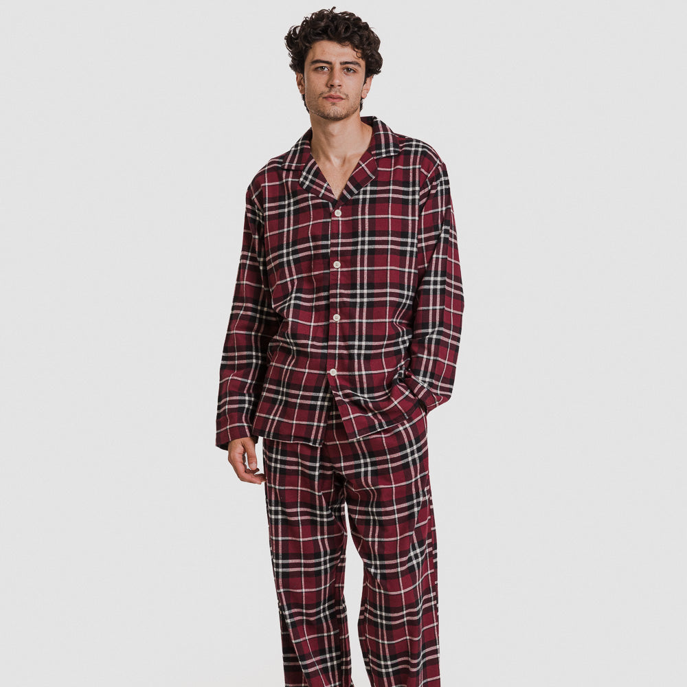 Pijama franela manga larga camisero hombre Cuadro Sauron burdeos