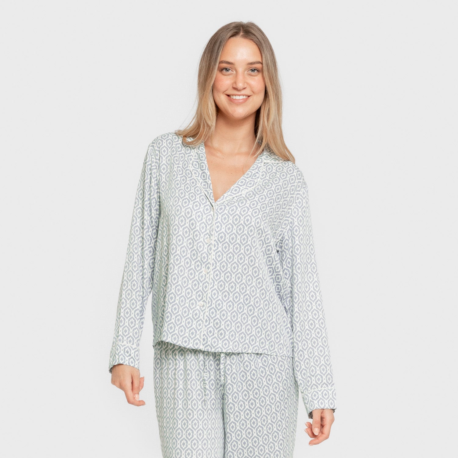 Pijama Manga Larga Camisero Viscosa Mujer Orquidea Agua Marina