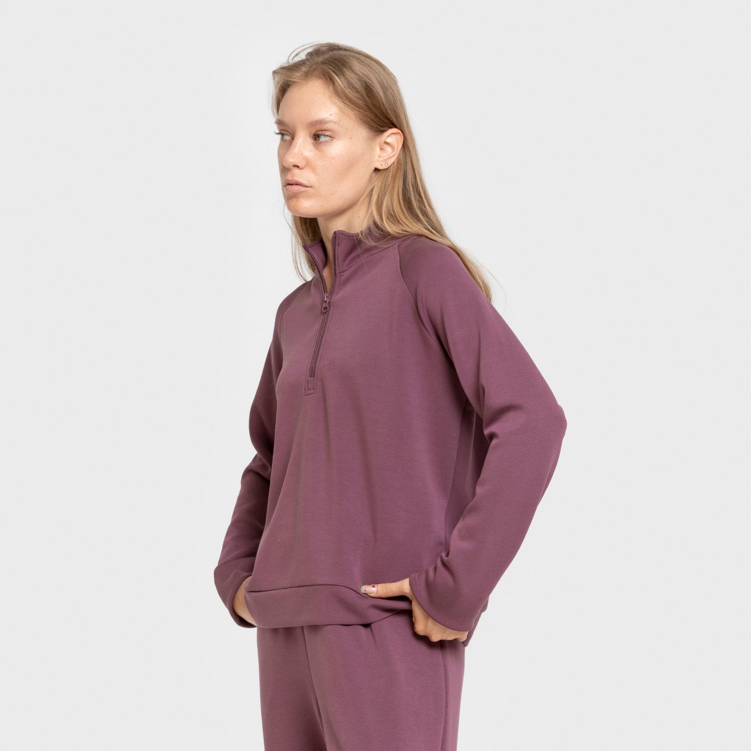 Sudadera media cremallera estilo modal mujer berenjena