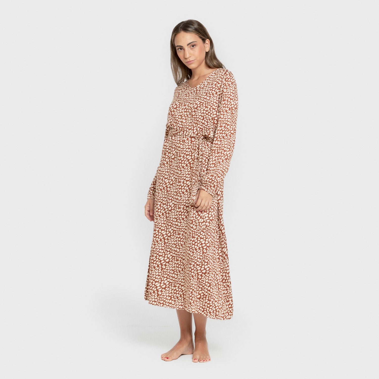 Vestido midi manga larga pico viscosa Serum teja