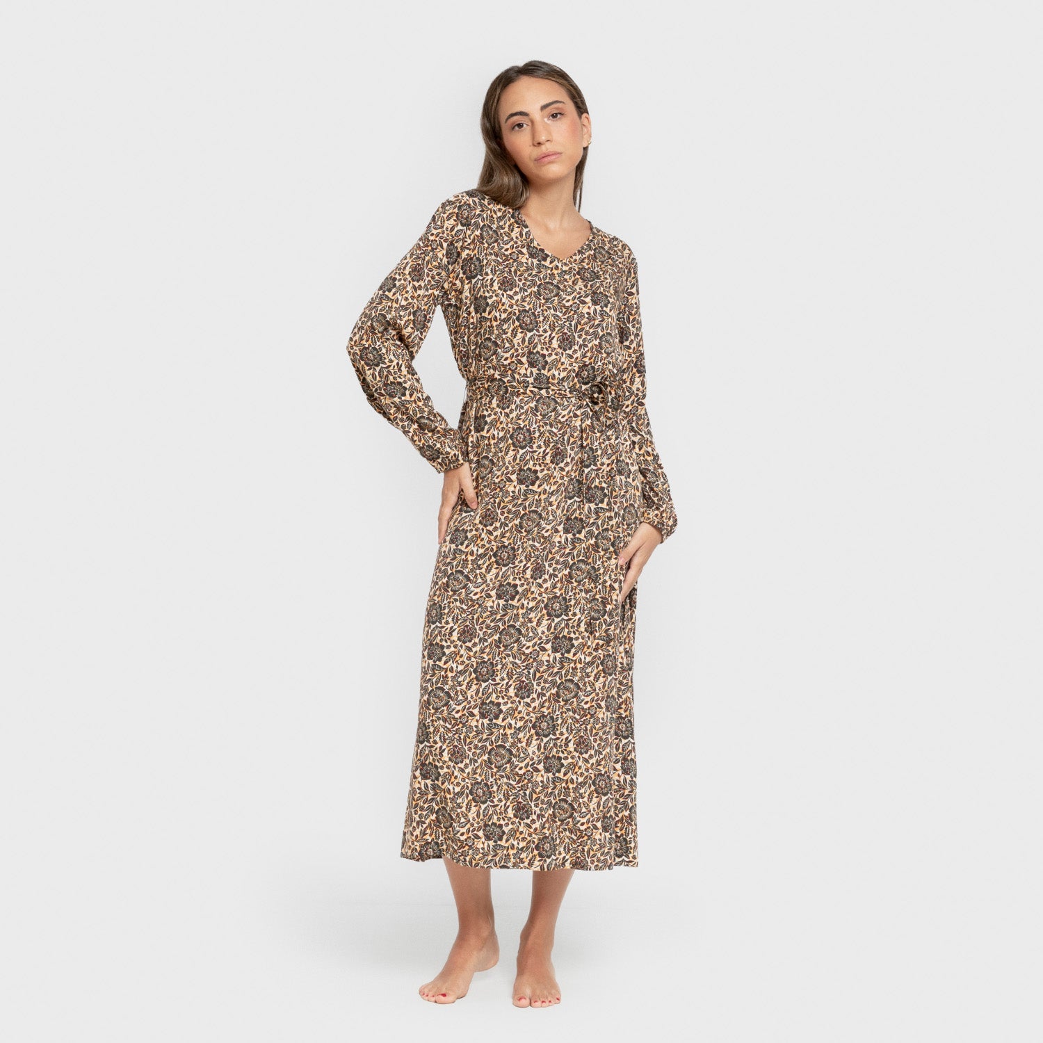 Vestido midi manga larga pico viscosa Sophie