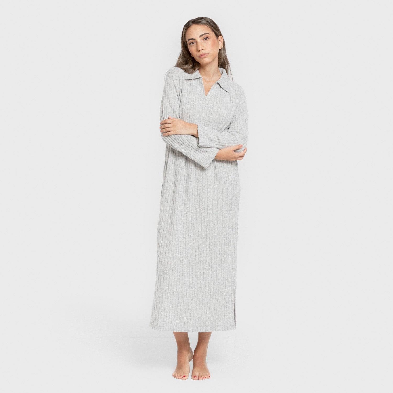 Vestido largo manga larga solapa 4x2 canalé mujer gris