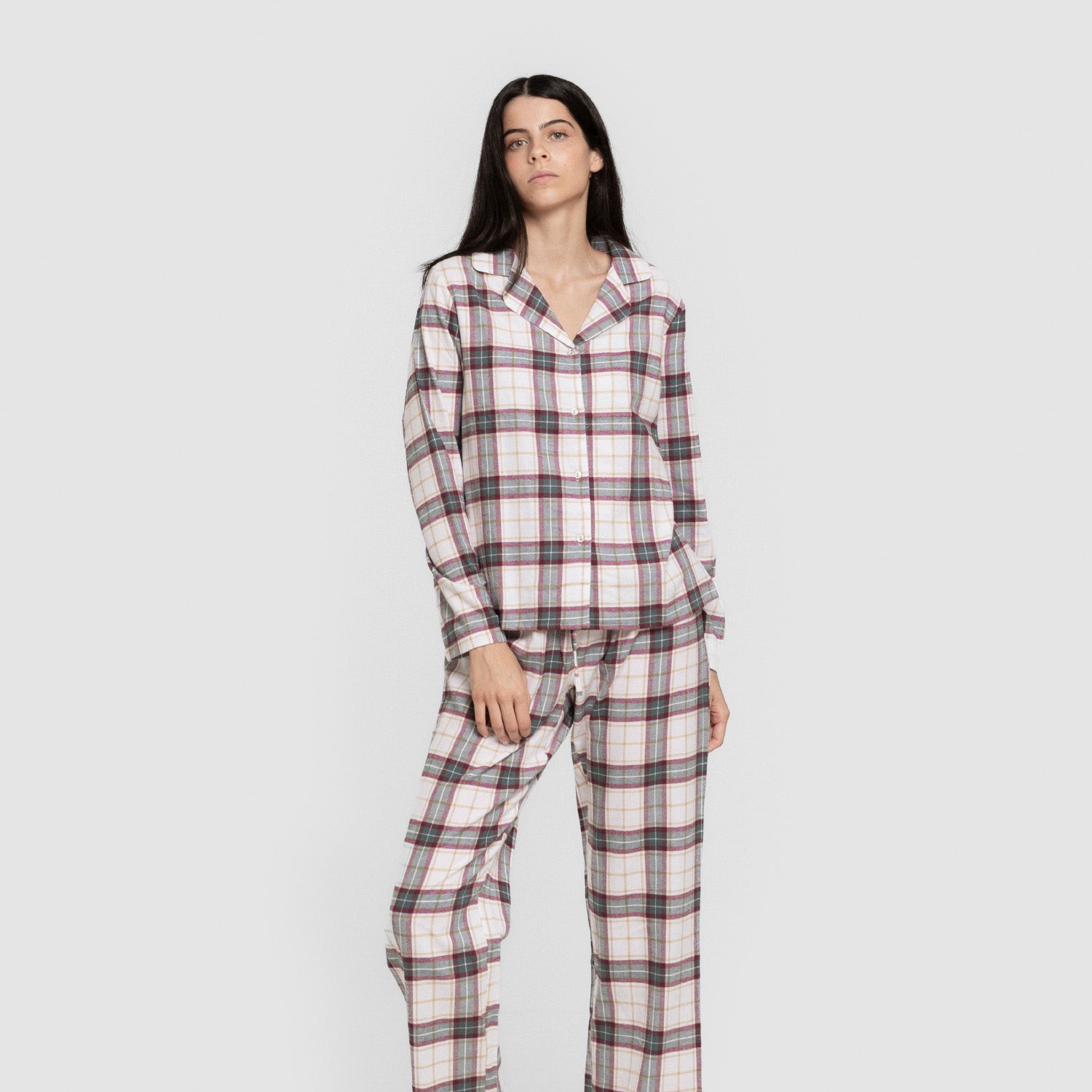 Pijama franela manga larga camisero mujer Cuadro Fiorile verde