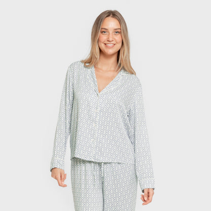 Pijama Manga Larga Camisero Viscosa Mujer Orquidea Agua Marina