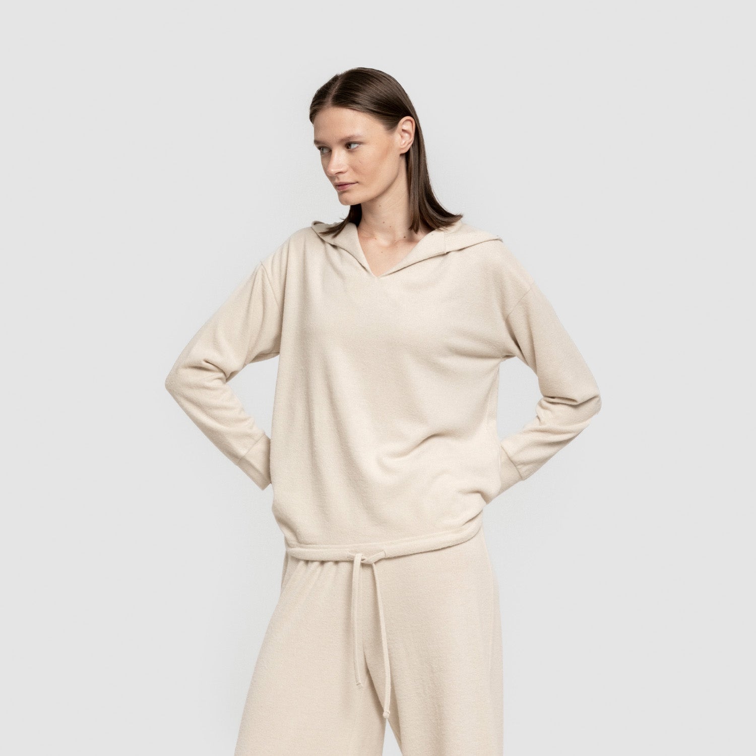 Sudadera capucha new punto extra suave mujer beige
