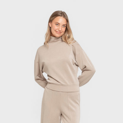 Sudadera cuello subido estilo modal mujer beige